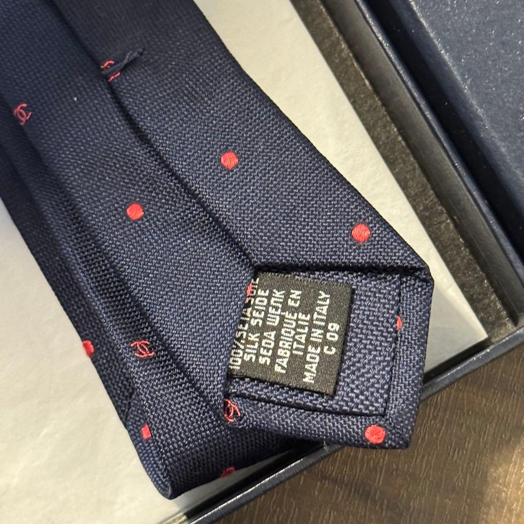 最高級 CHANEL シャネル ココマーク&ドット ネクタイ ネイビー×ピンク