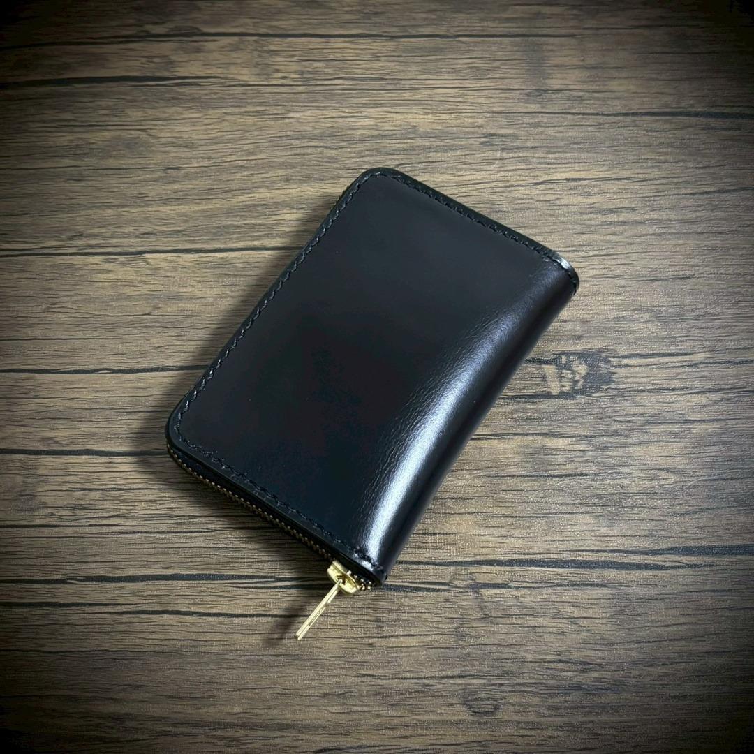 総手縫い ラウンドジップ ミドルウォレット 本革 牛革 ブラック 黒