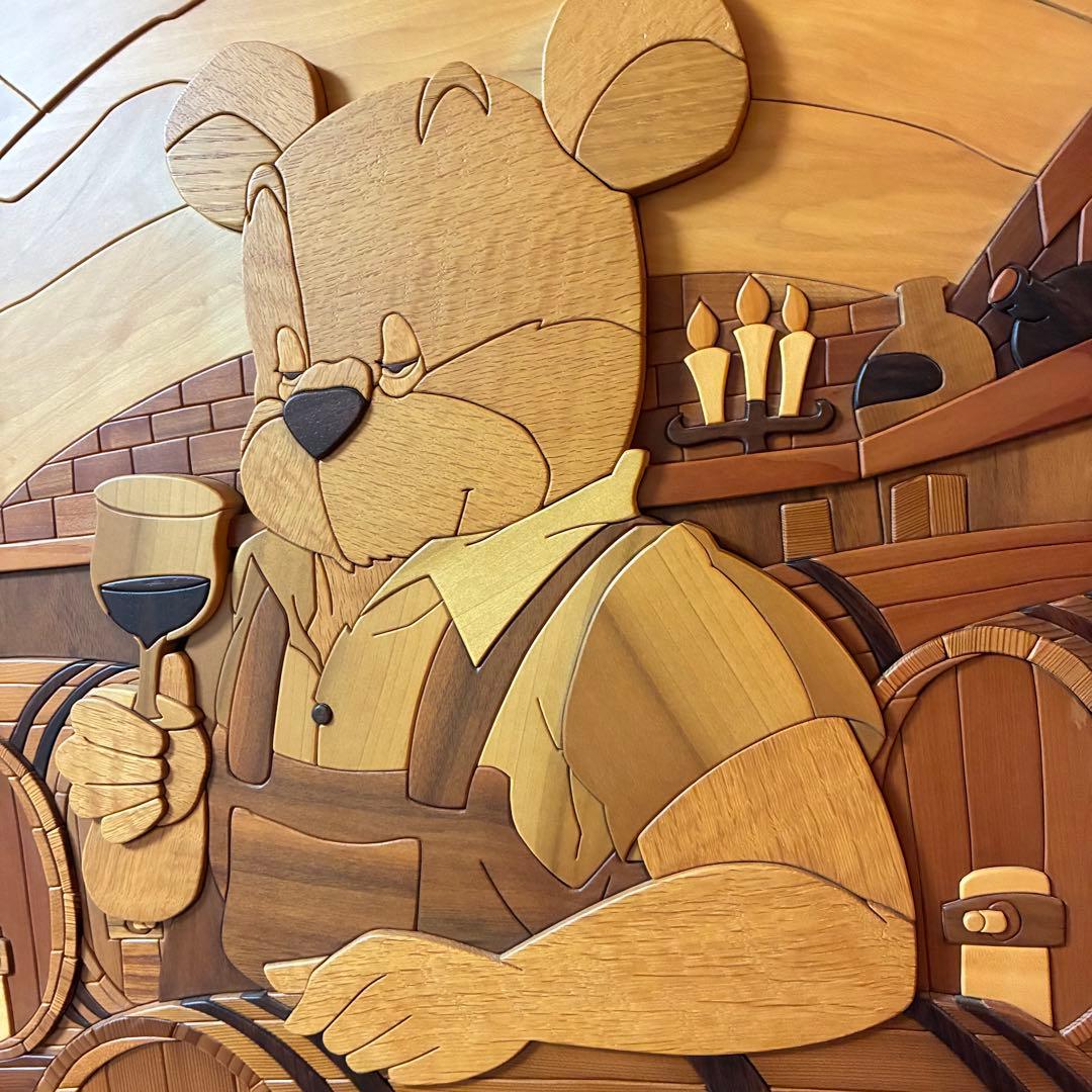 美品 【あさのたかを】木製 組木絵 タイルアート 大型木版画 くま ワインセラー