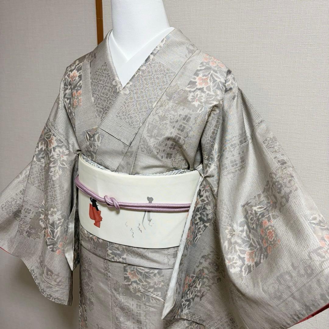 未使用近い　美品　袷　正絹　大島紬　白紬　小紋　フルセット