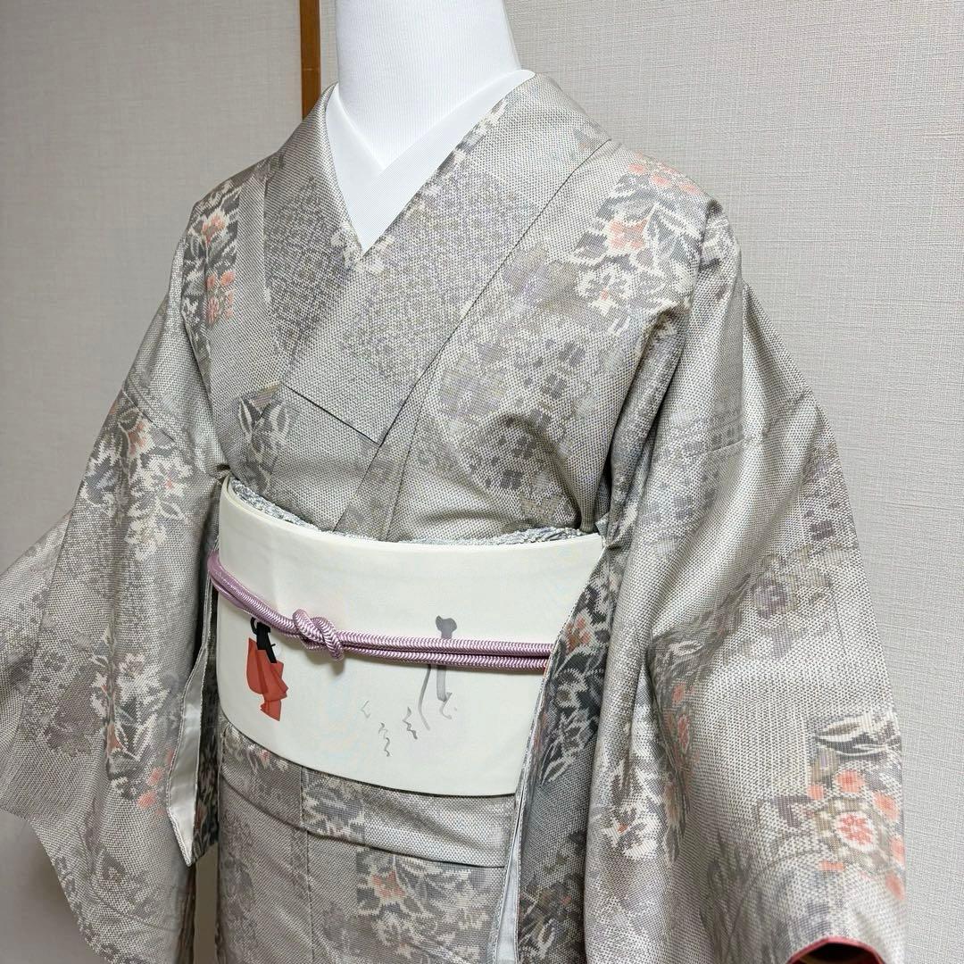 未使用近い　美品　袷　正絹　大島紬　白紬　小紋　フルセット