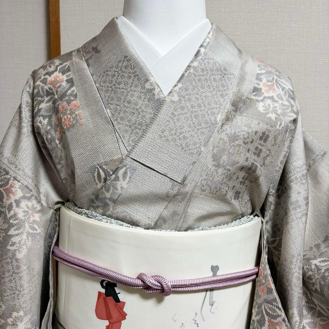 未使用近い　美品　袷　正絹　大島紬　白紬　小紋　フルセット