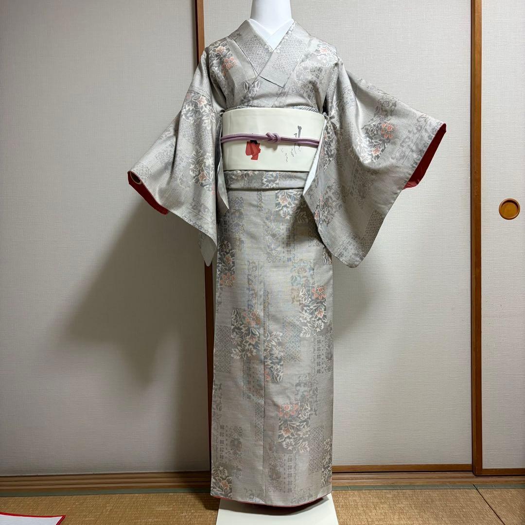 未使用近い　美品　袷　正絹　大島紬　白紬　小紋　フルセット