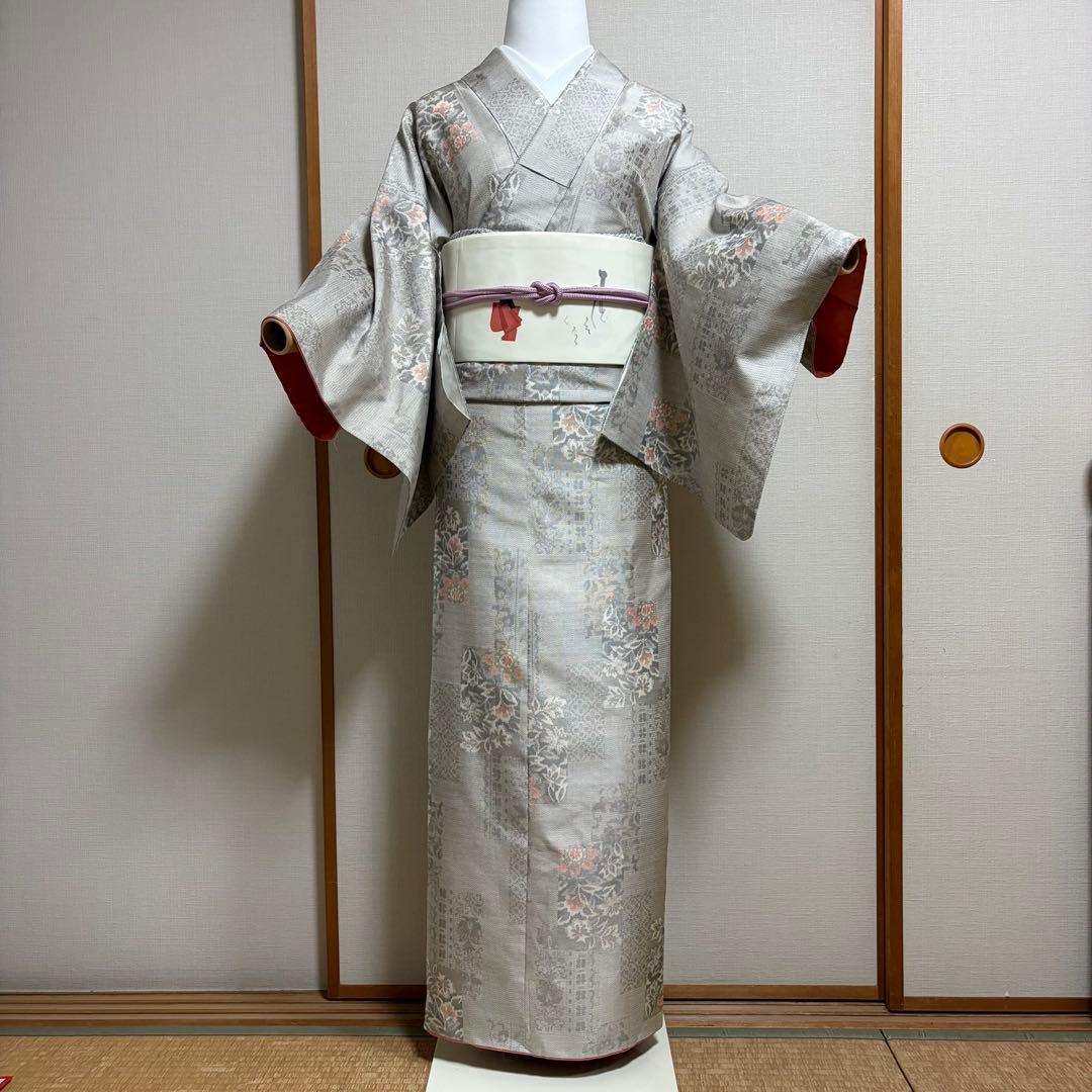 未使用近い　美品　袷　正絹　大島紬　白紬　小紋　フルセット