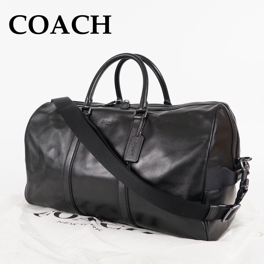 極美品 COACH ボストンバッグ 2way ロゴ型押し チャーム付 レザー 黒