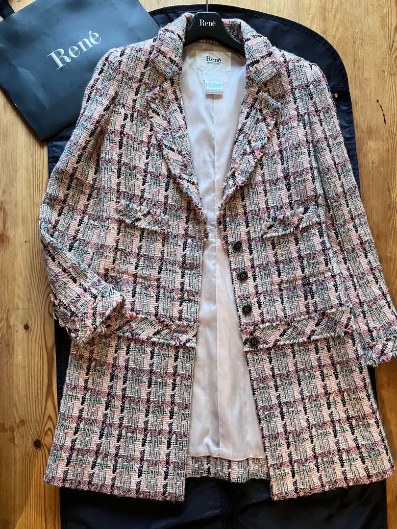 ピンク黒白グレーツィードチェスターコート