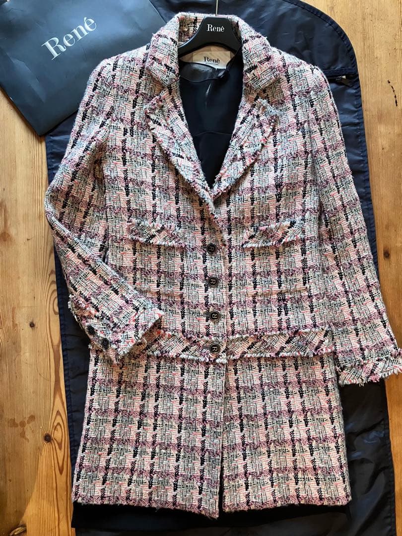 ピンク黒白グレーツィードチェスターコート