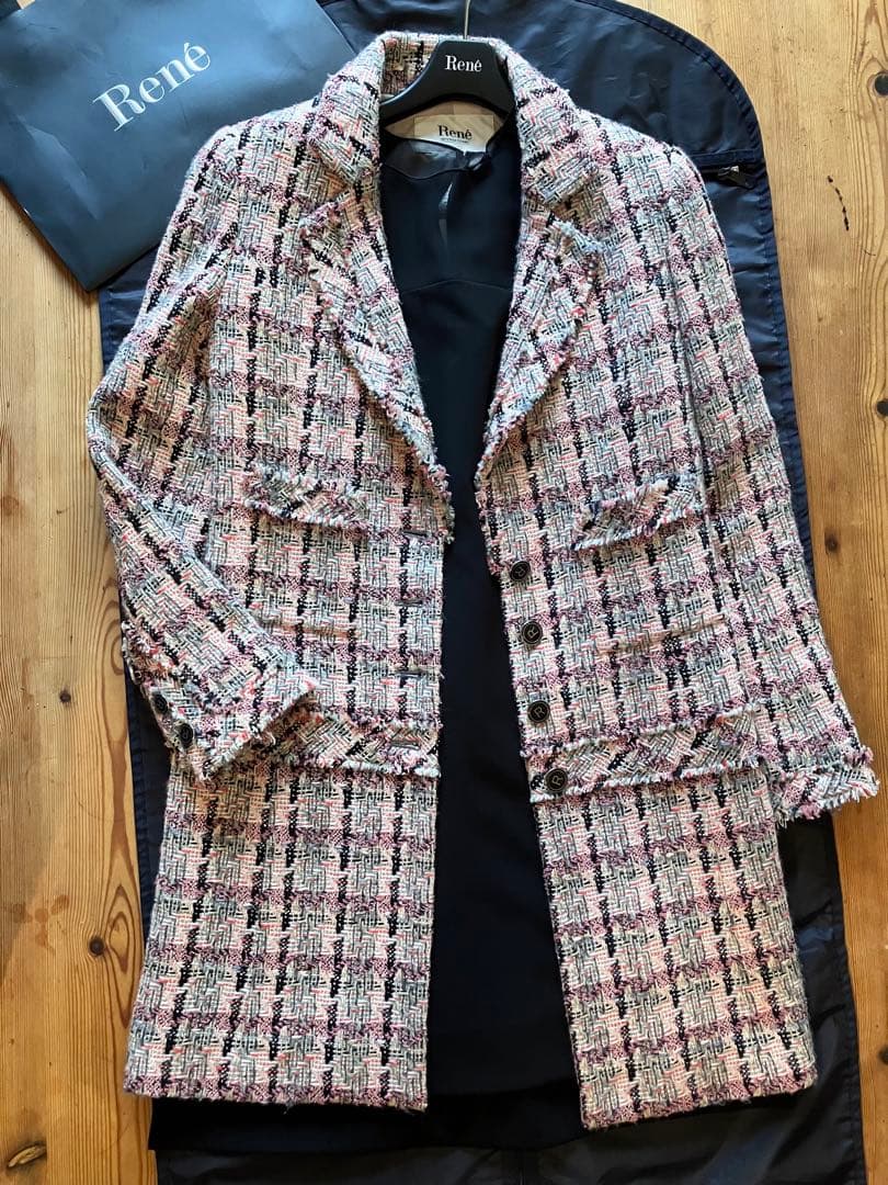 ピンク黒白グレーツィードチェスターコート