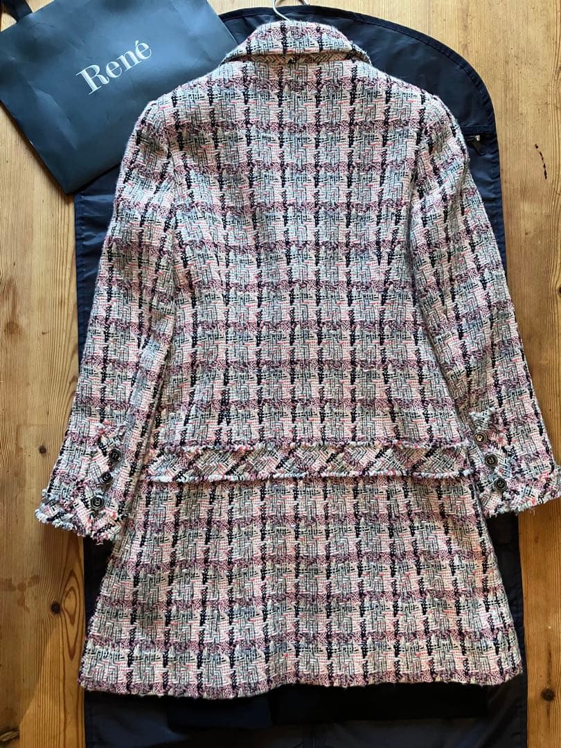 ピンク黒白グレーツィードチェスターコート