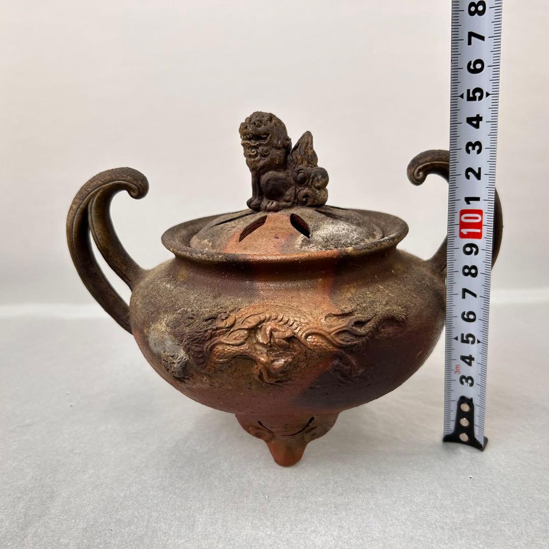 A057時代物　藤原陶斎 造　備前焼　龍鶏細工 香炉　茶道具　古美術品