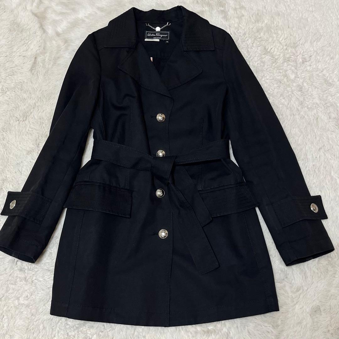 フェラガモ　ガンチーニ　銀ボタン　チェスター　ロングコート　ベルト　黒　ブラック
