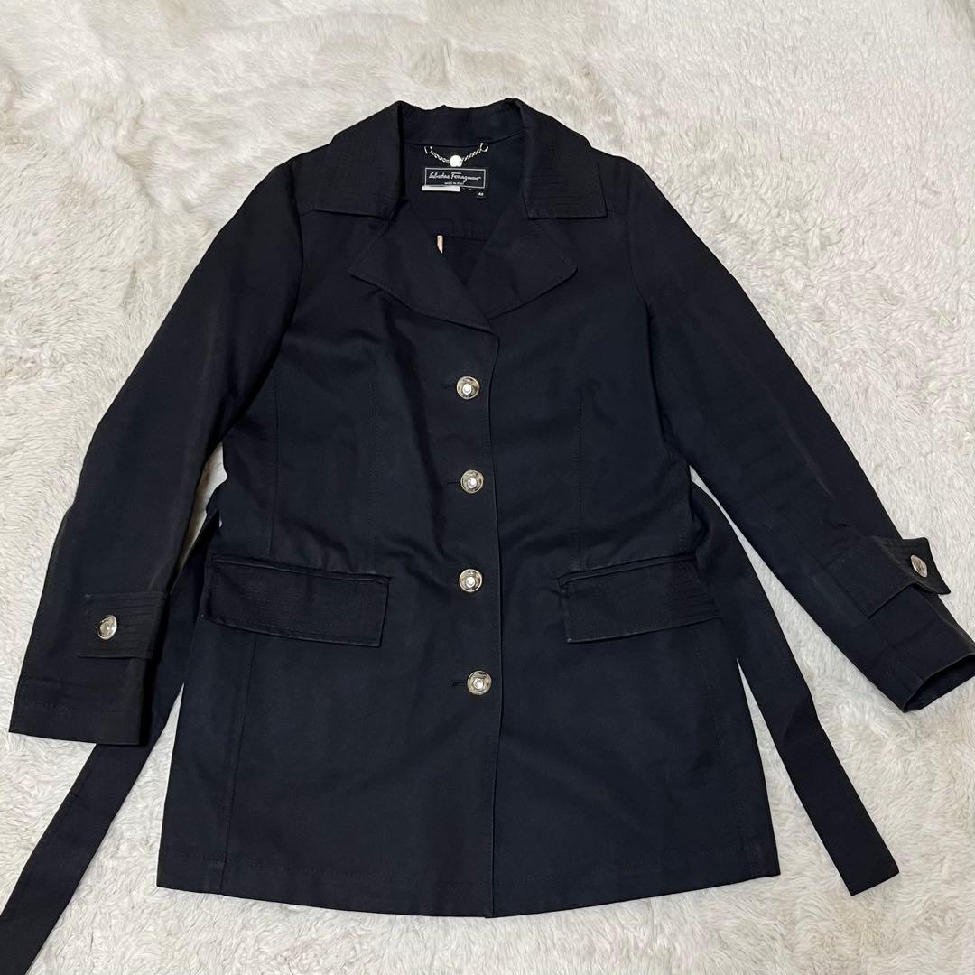 フェラガモ　ガンチーニ　銀ボタン　チェスター　ロングコート　ベルト　黒　ブラック