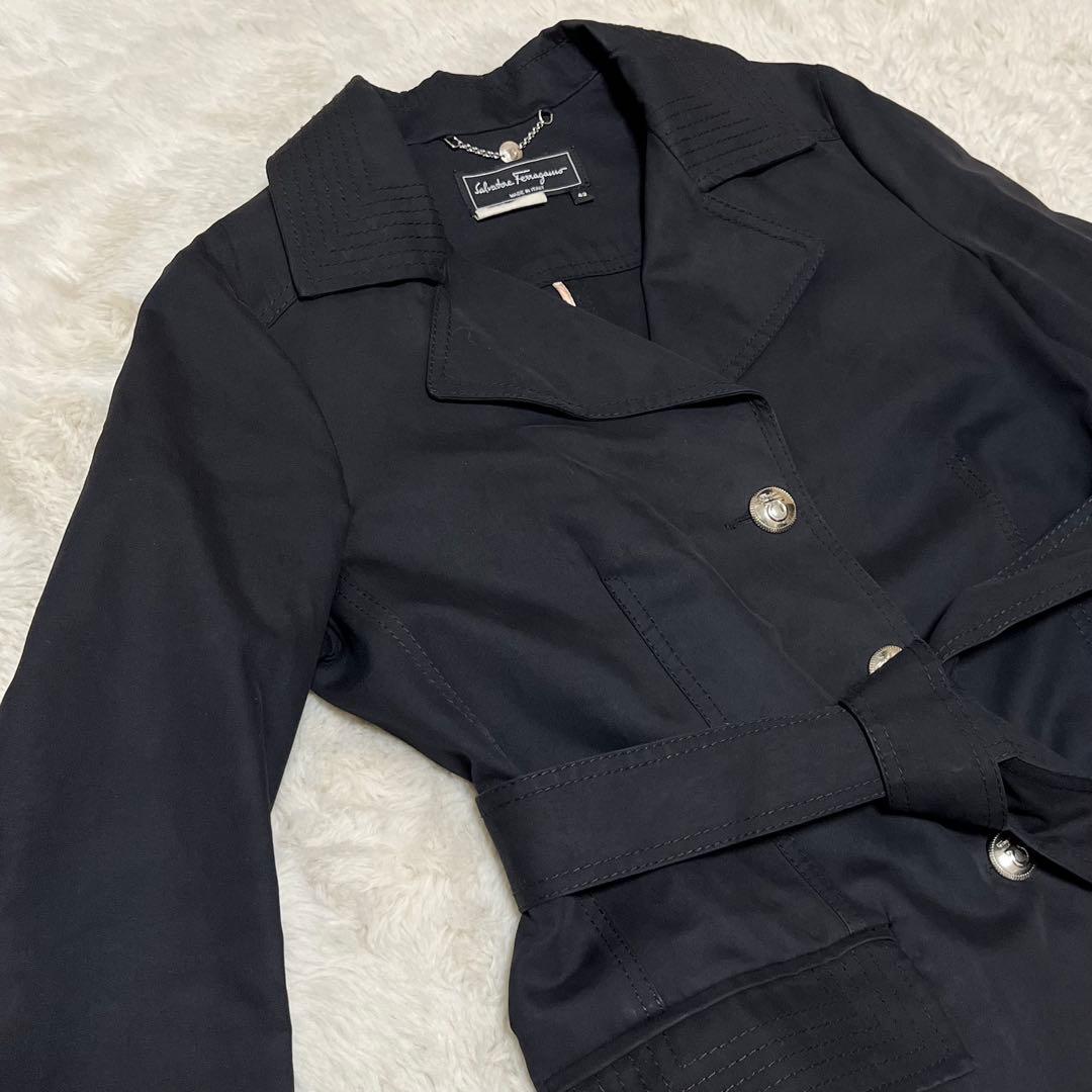 フェラガモ　ガンチーニ　銀ボタン　チェスター　ロングコート　ベルト　黒　ブラック