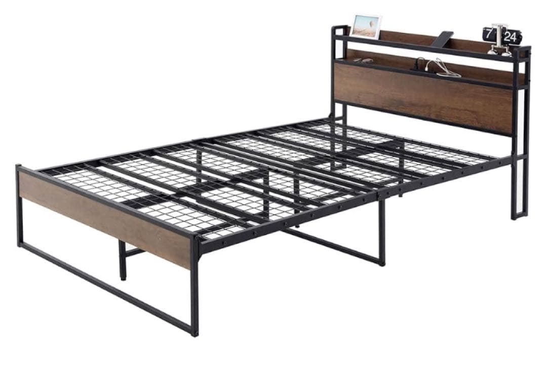 ベッドフレーム 2段宮棚付き パイプベッド 高耐荷重 収納付きベッド　セミダブル