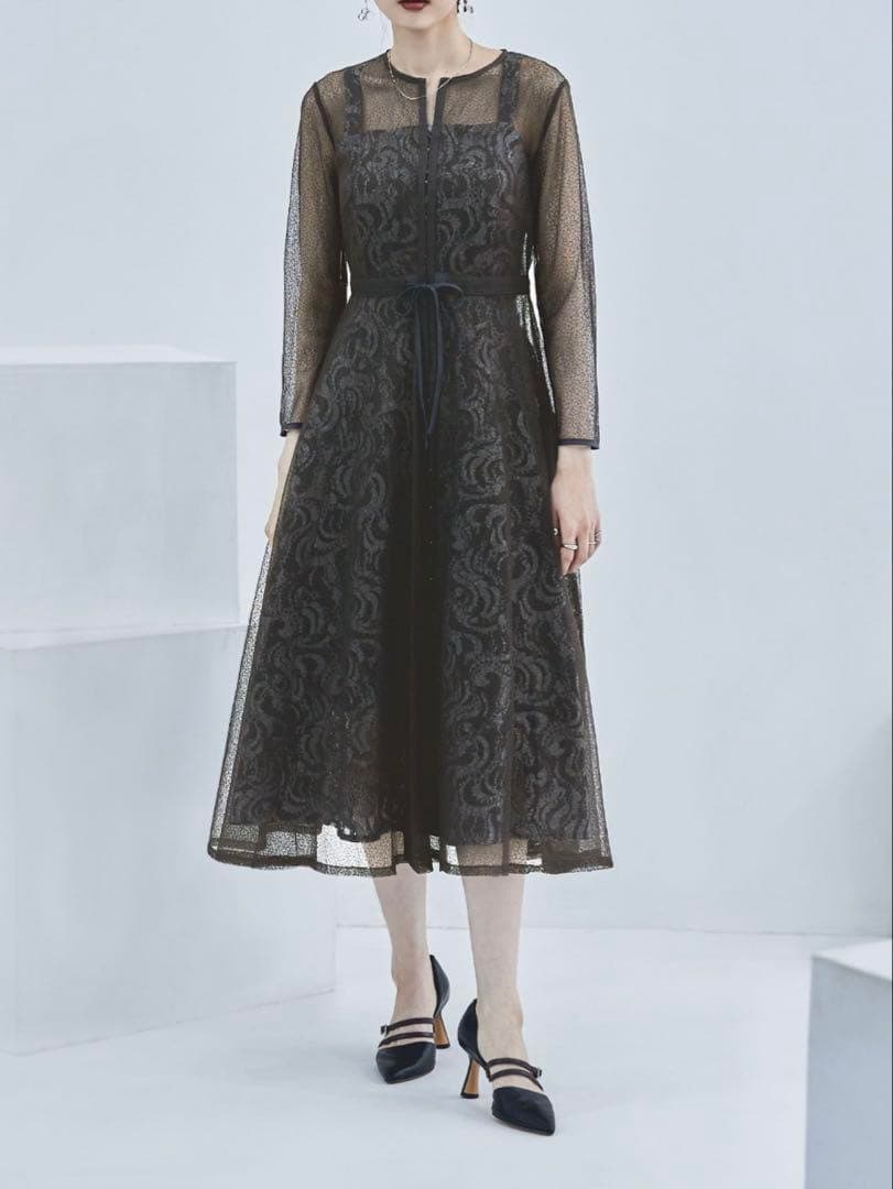 【美品】etoll. 幾何学チュールジャガードレースワンピース チャコール S