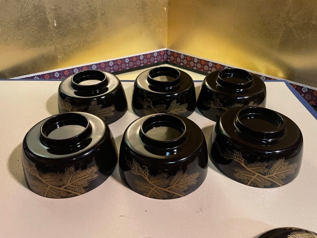 美品　輪島塗 寿松沈金 煮物椀 6客 雑煮椀/大椀/平椀/麺椀/丼椀 漆器