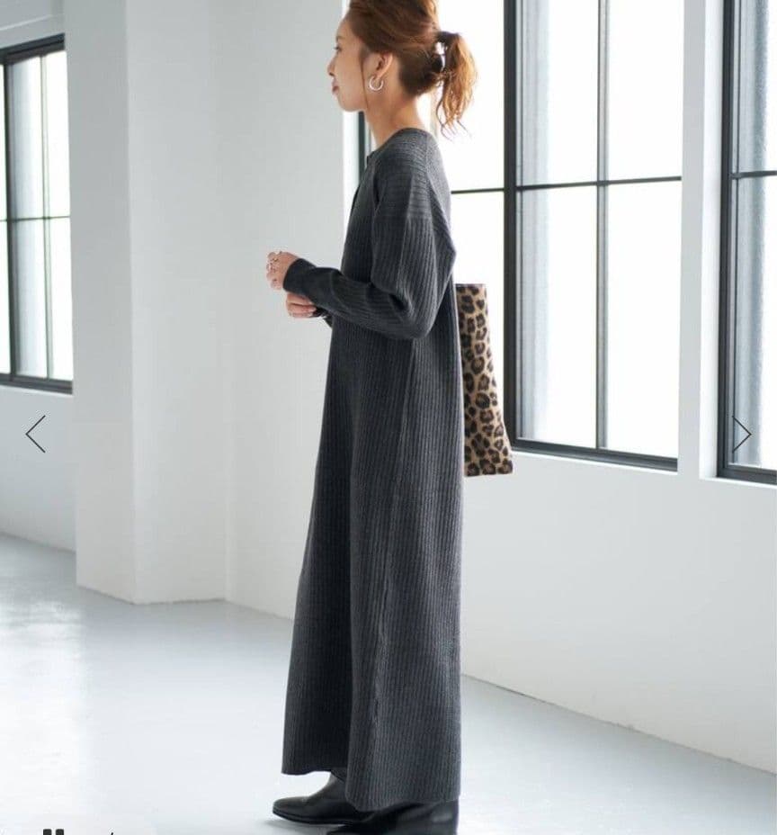 《手洗い可 / 追加》ヘンリーネックリブニットワンピース グレ－