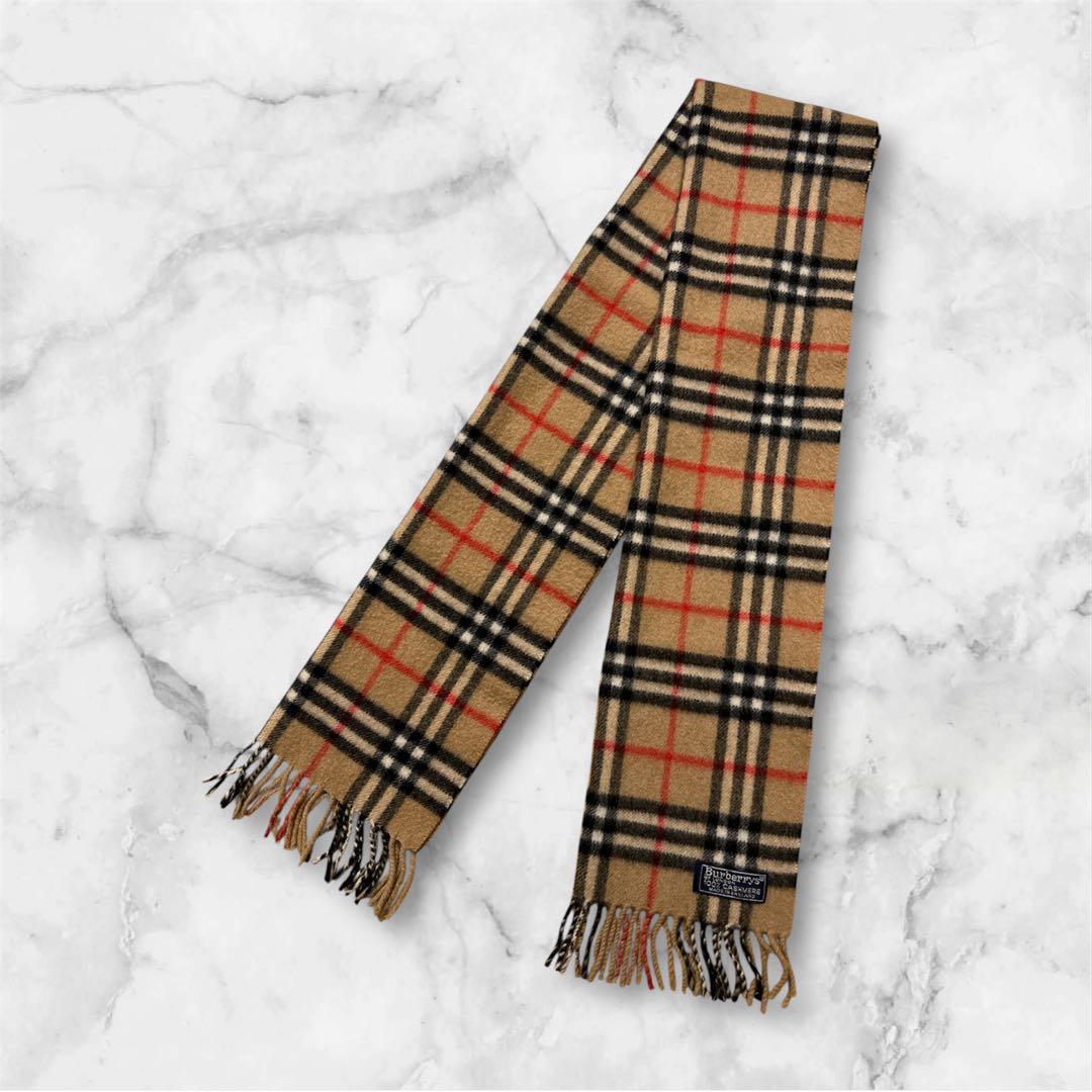 美品 Burberrys バーバリー カシミヤマフラー ノバチェックキャメル英国