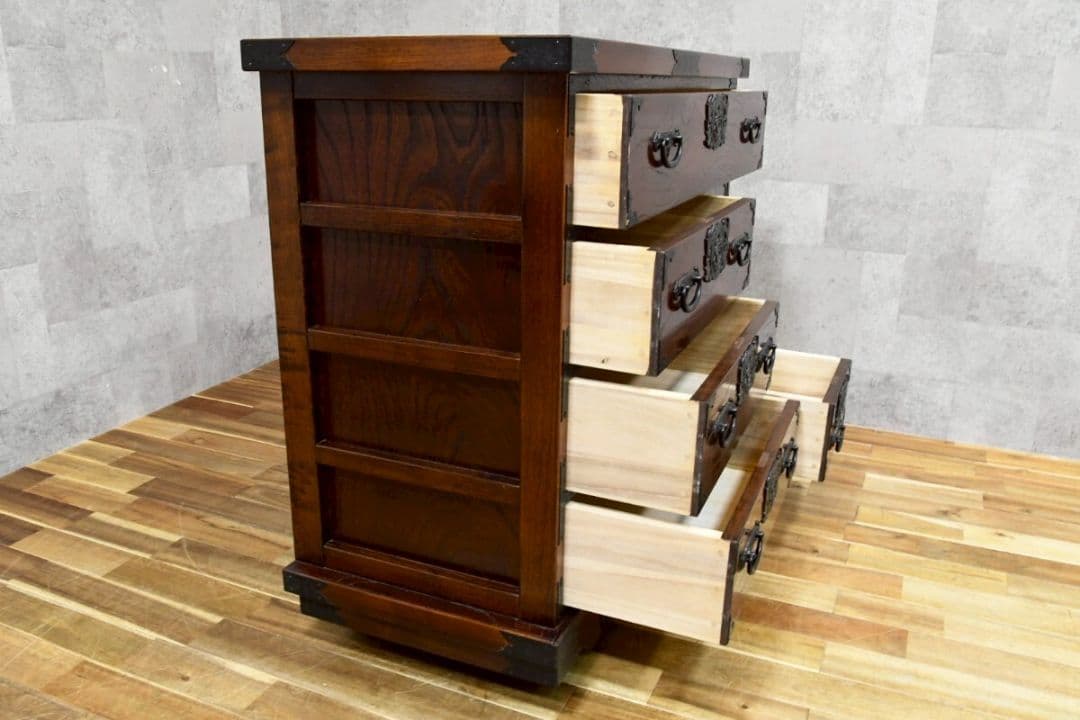 tr08198 民芸家具 チェスト 整理箪笥 和タンス 欅 古民具 車箪笥