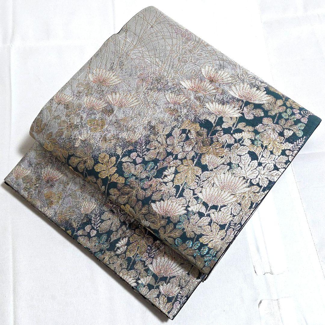 A◆着物くつろぎ 菊花模様 銀糸 青緑 引箔 六通 正絹 フォーマルな袋帯