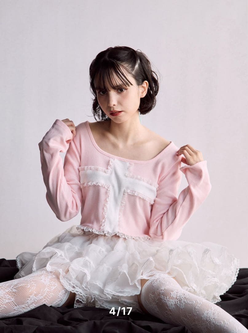 lilLilly starry☆ レースクロスリブトップス ピンク