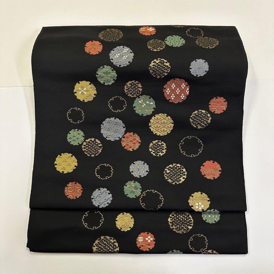 新品 正絹 九寸帯 名古屋帯 西陣 新装大橋 黒地 雪輪 未仕立て品 2717