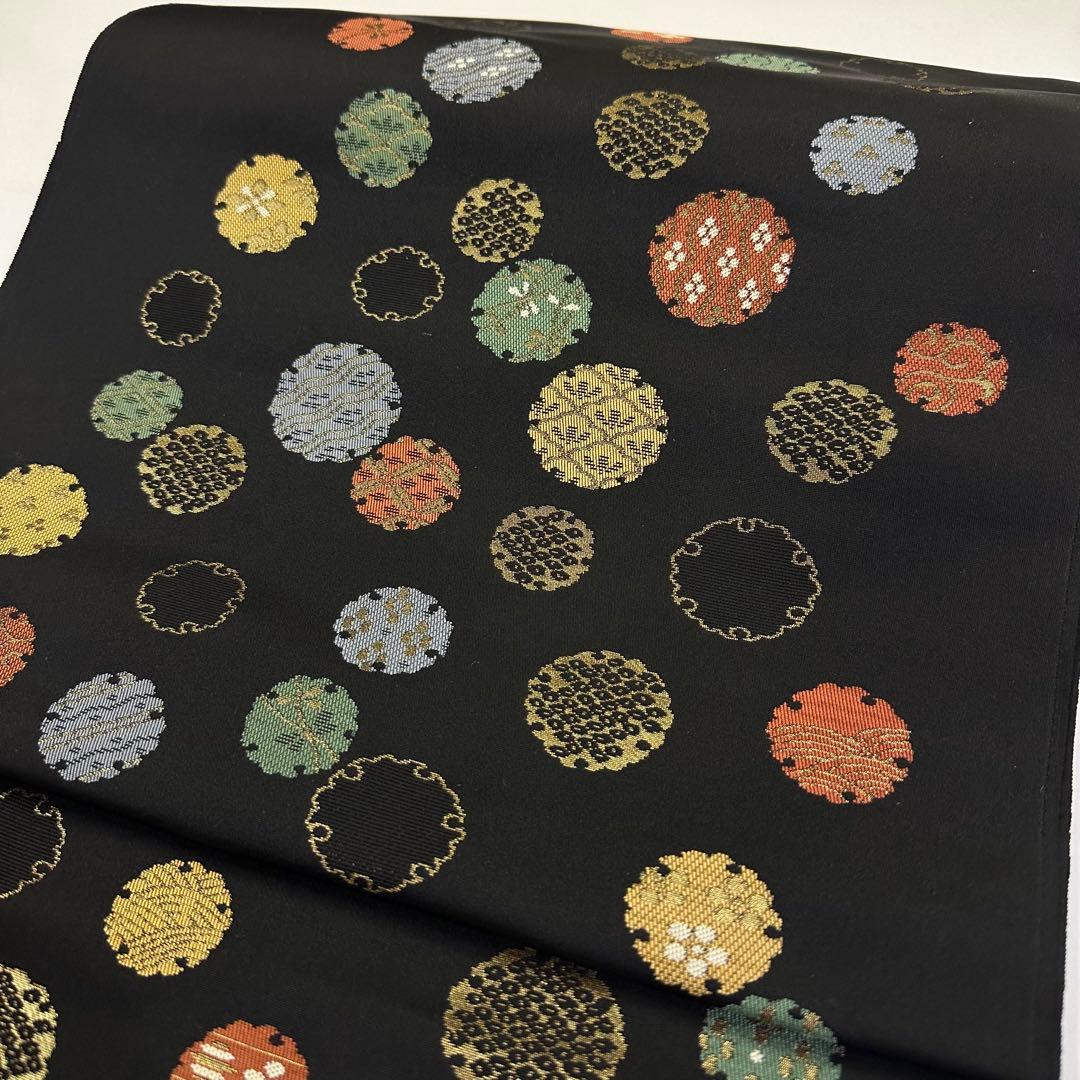 新品 正絹 九寸帯 名古屋帯 西陣 新装大橋 黒地 雪輪 未仕立て品 2717