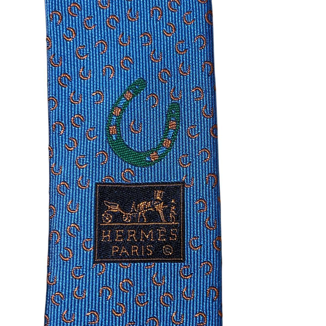極美品　エルメス　ネクタイ　水色　ファソネ　ホースシュー　馬蹄　H柄　ジャガード