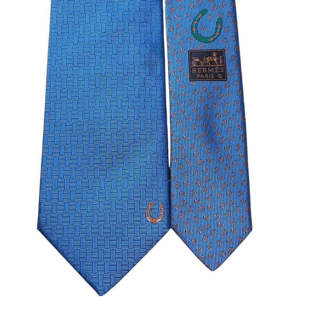 極美品　エルメス　ネクタイ　水色　ファソネ　ホースシュー　馬蹄　H柄　ジャガード