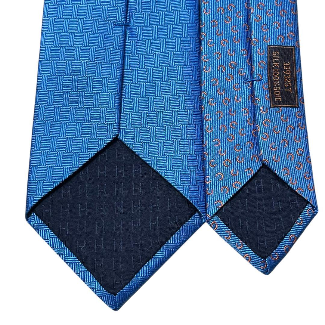 極美品　エルメス　ネクタイ　水色　ファソネ　ホースシュー　馬蹄　H柄　ジャガード