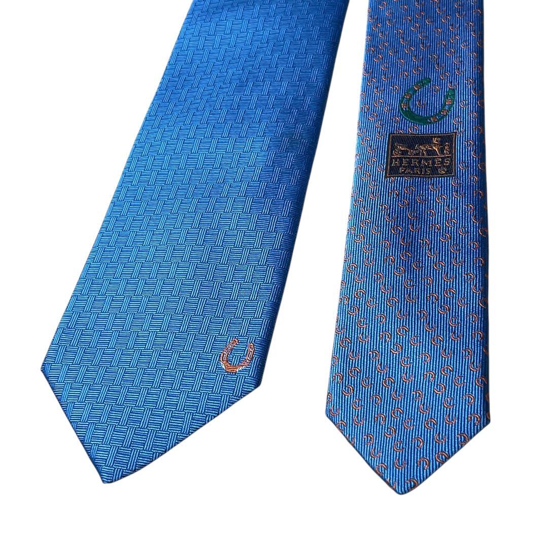 極美品　エルメス　ネクタイ　水色　ファソネ　ホースシュー　馬蹄　H柄　ジャガード