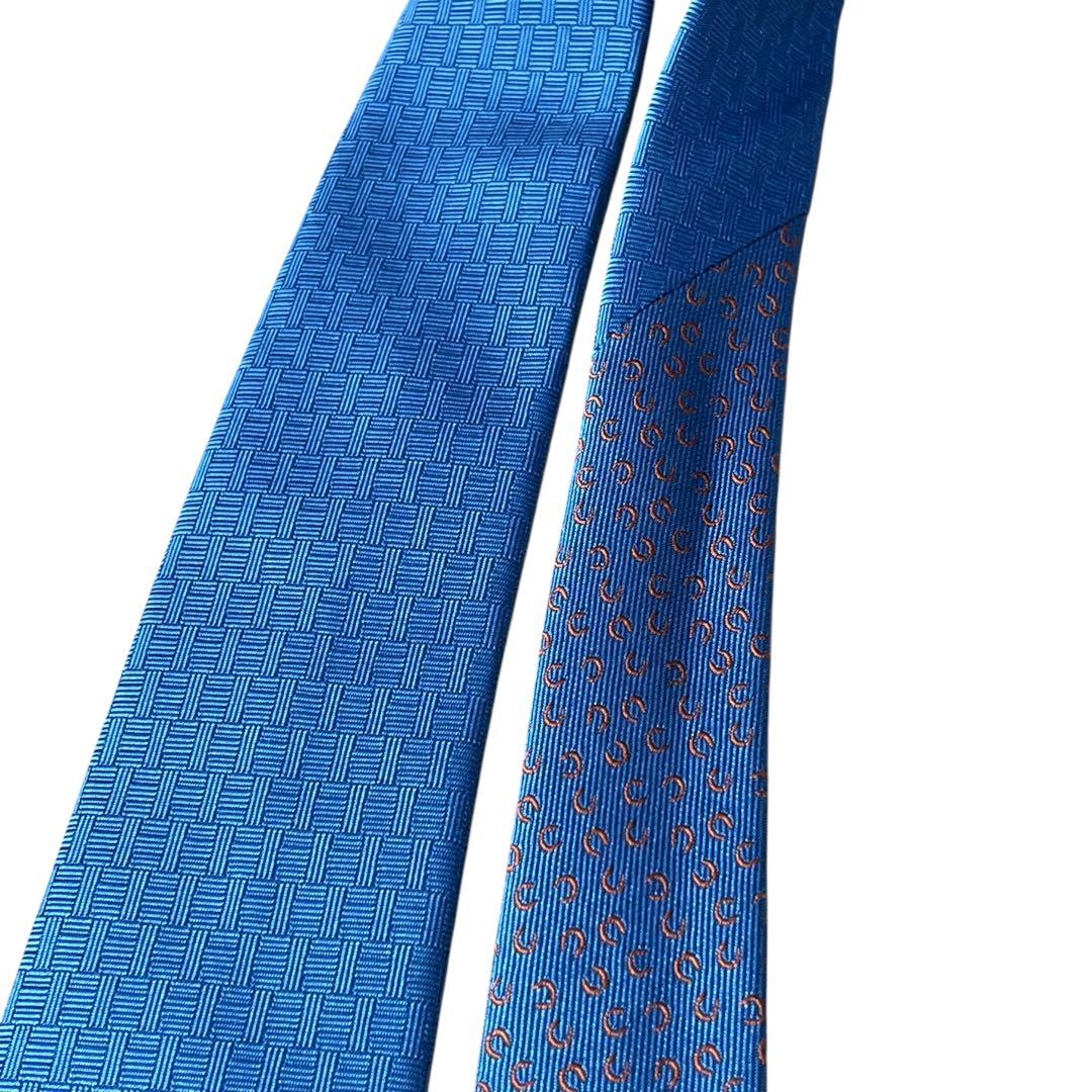 極美品　エルメス　ネクタイ　水色　ファソネ　ホースシュー　馬蹄　H柄　ジャガード