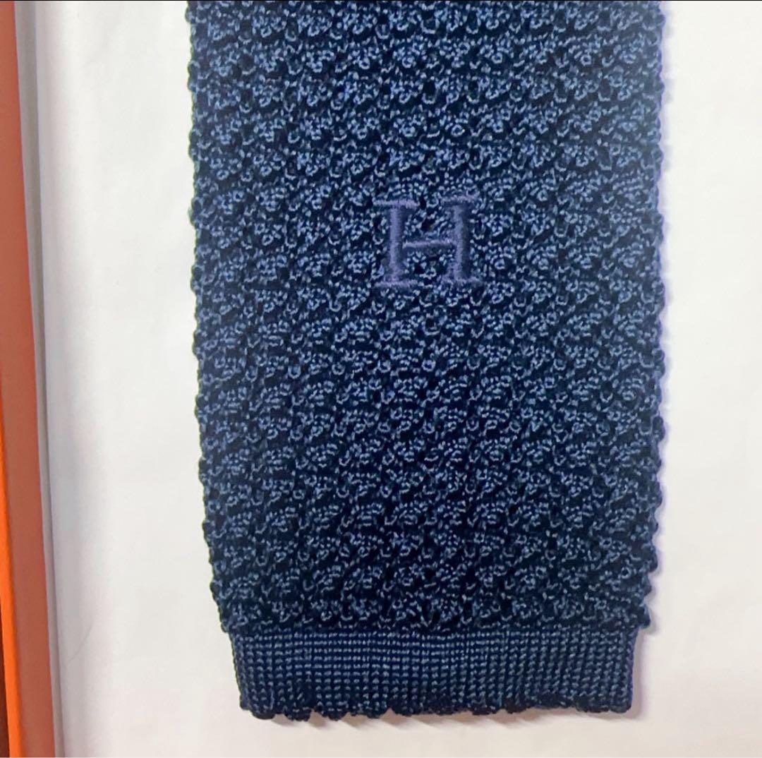 【極美品】HERMES エルメス ニットタイ ネイビー