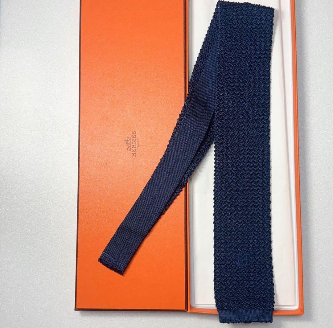 【極美品】HERMES エルメス ニットタイ ネイビー