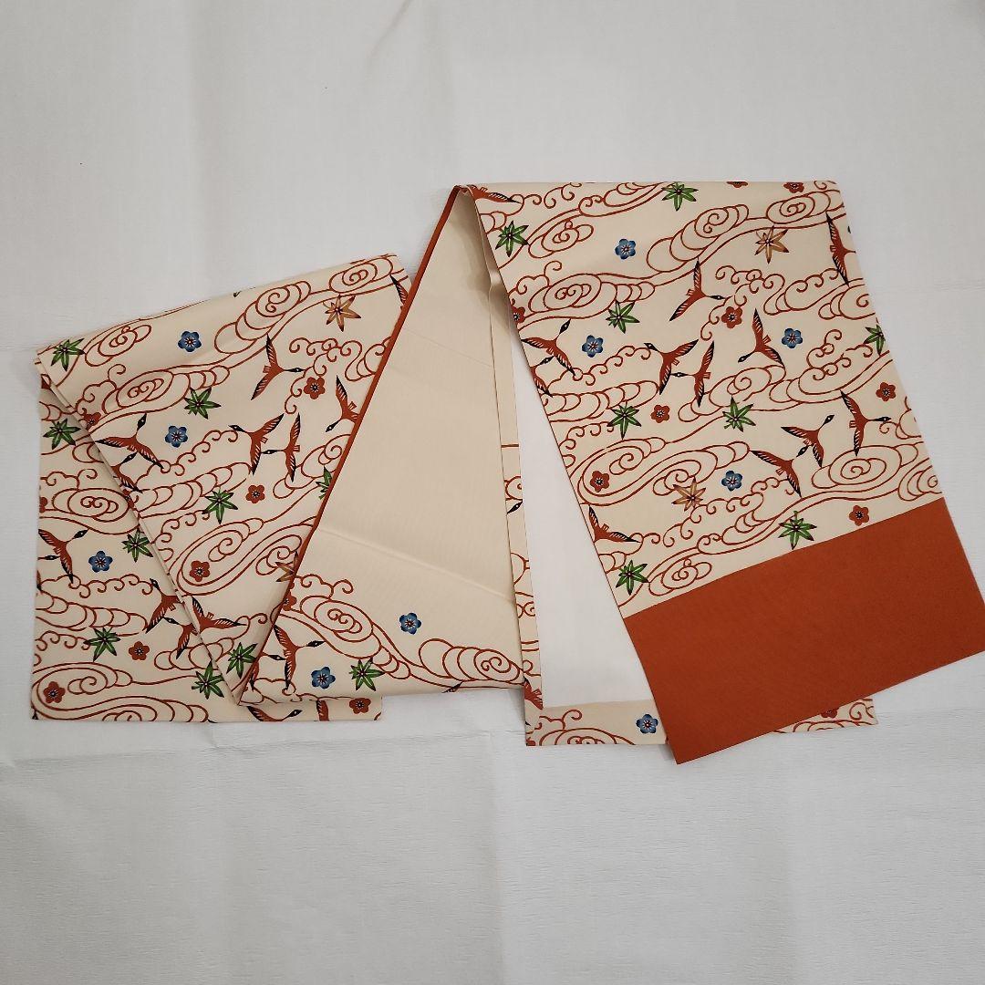 開き名古屋帯　塩瀬　染帯　九寸　紅型　雲間飛鳥文　朱色　オレンジ