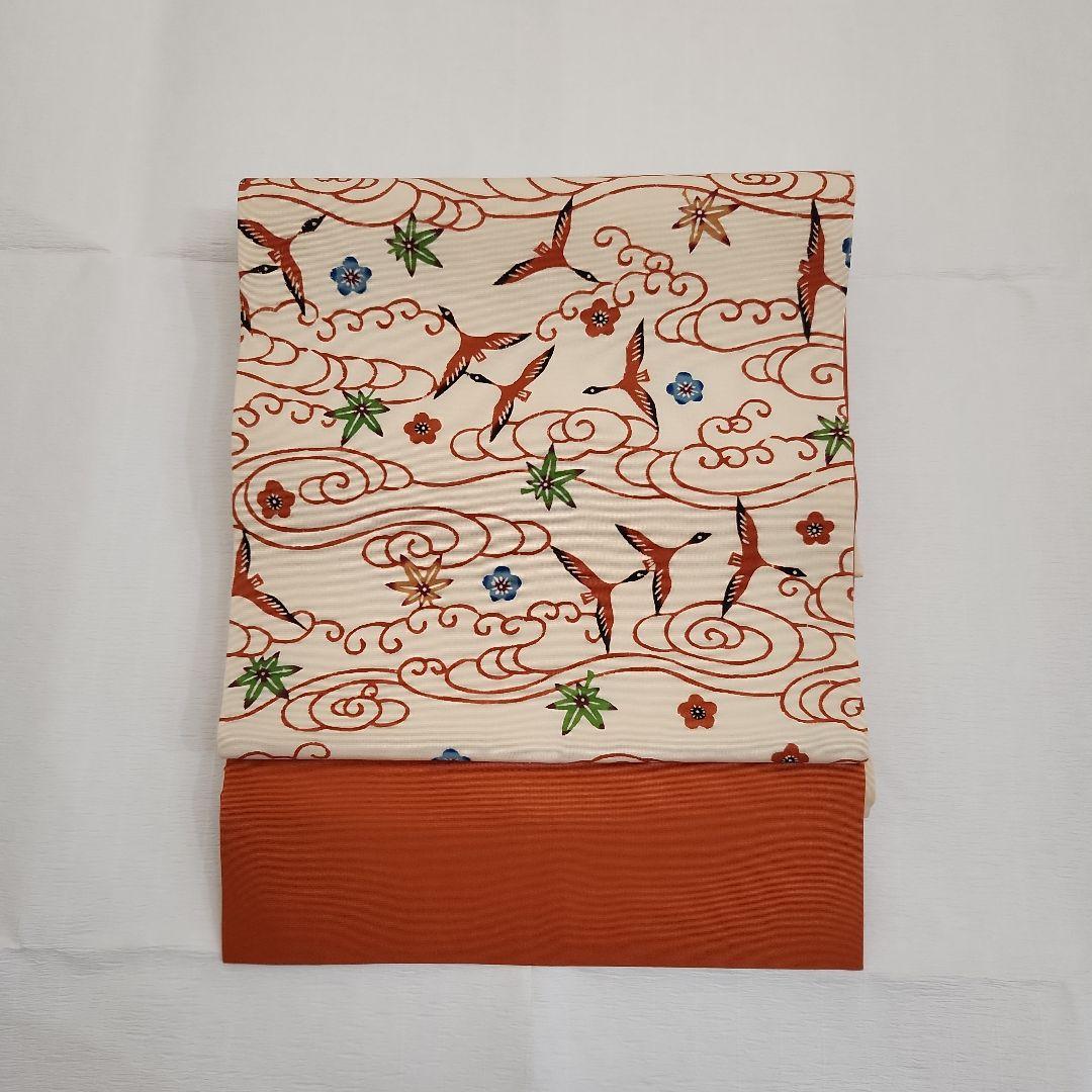 開き名古屋帯　塩瀬　染帯　九寸　紅型　雲間飛鳥文　朱色　オレンジ