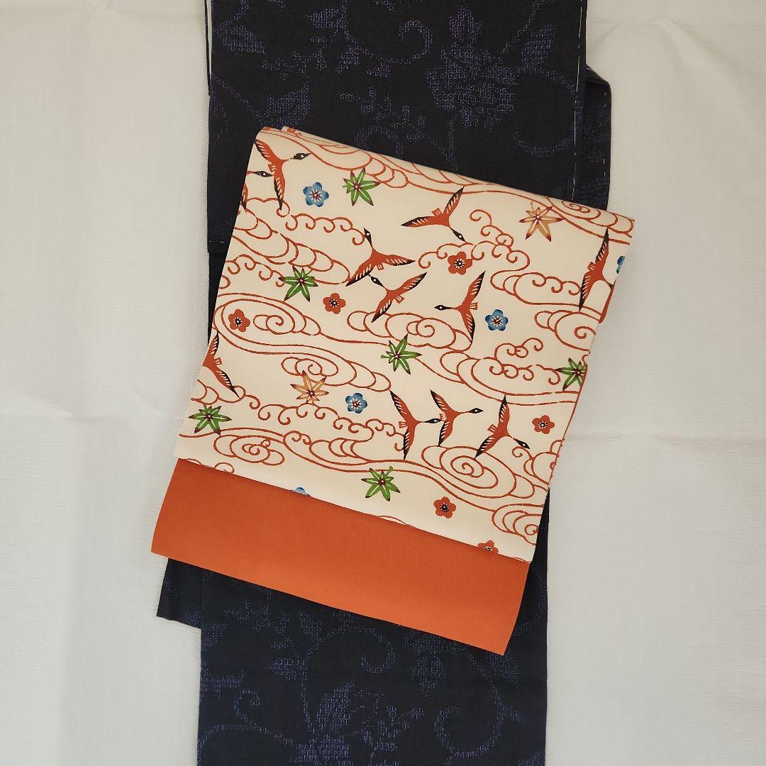 開き名古屋帯　塩瀬　染帯　九寸　紅型　雲間飛鳥文　朱色　オレンジ