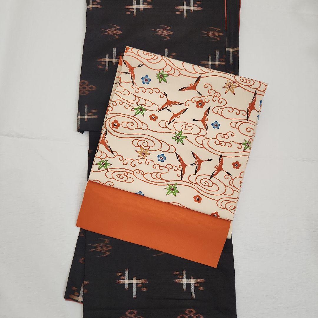 開き名古屋帯　塩瀬　染帯　九寸　紅型　雲間飛鳥文　朱色　オレンジ