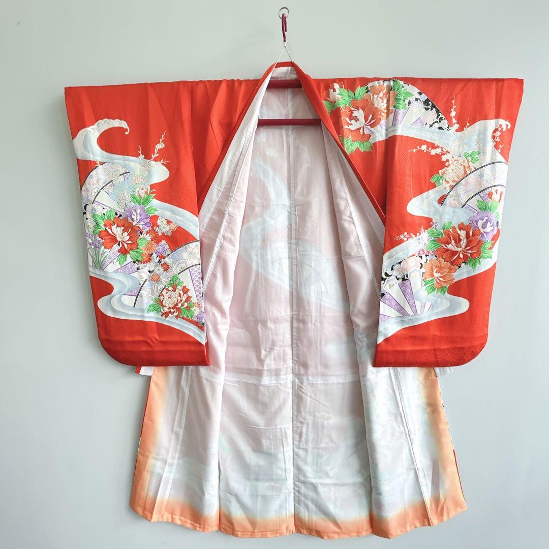 フルセット　七五三７歳女の子　着物　朱地　薄手　緑袋帯　小物セット　51919