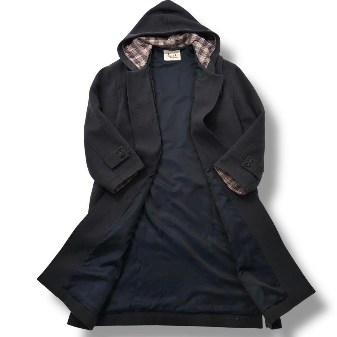 【美品】PaPas パパス ダッフルコート チェック　木製トグル　ダークネイビー