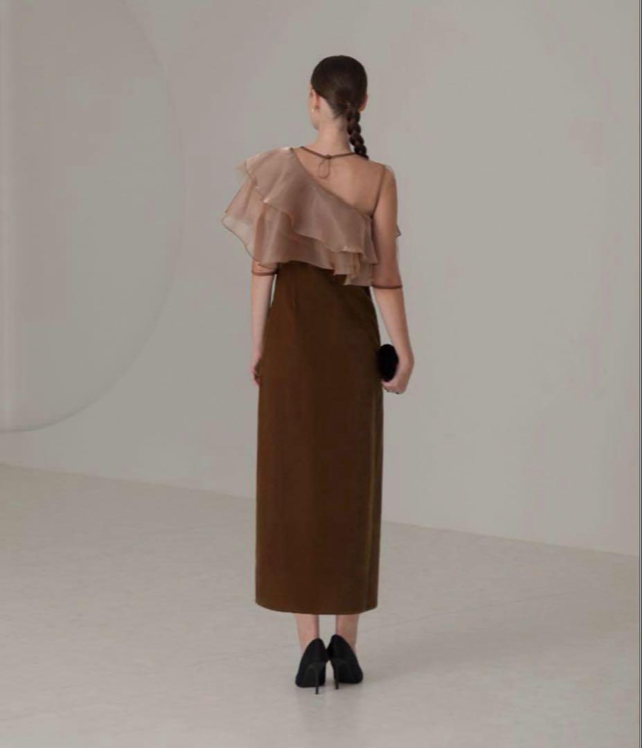 LEJA アシンメトリーティアードフリル3WAYベロアIラインドレス ブラウンS