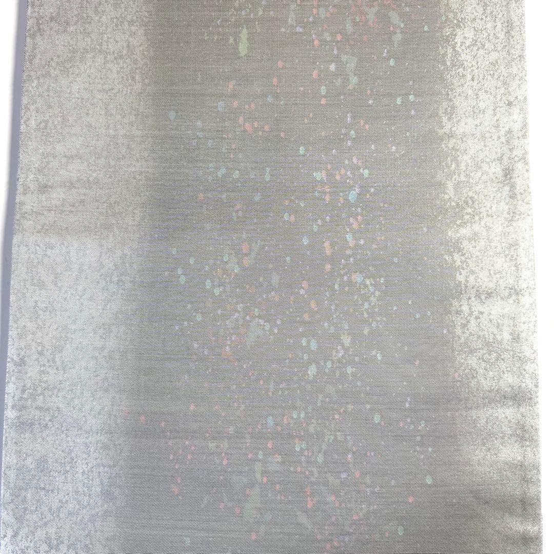 6k103 袋帯　絹　箔　銀色　青　赤　柄物　和装　着物