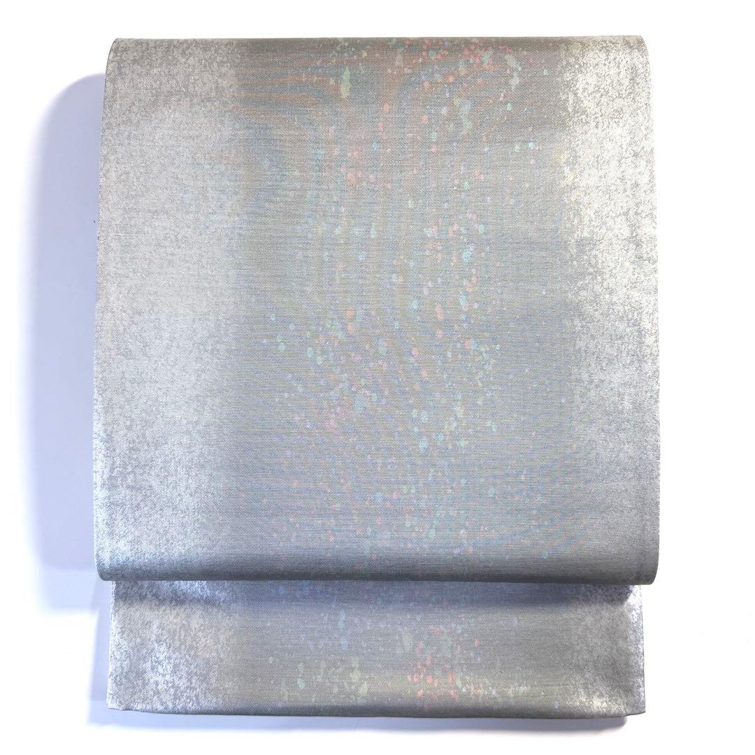 6k103 袋帯　絹　箔　銀色　青　赤　柄物　和装　着物