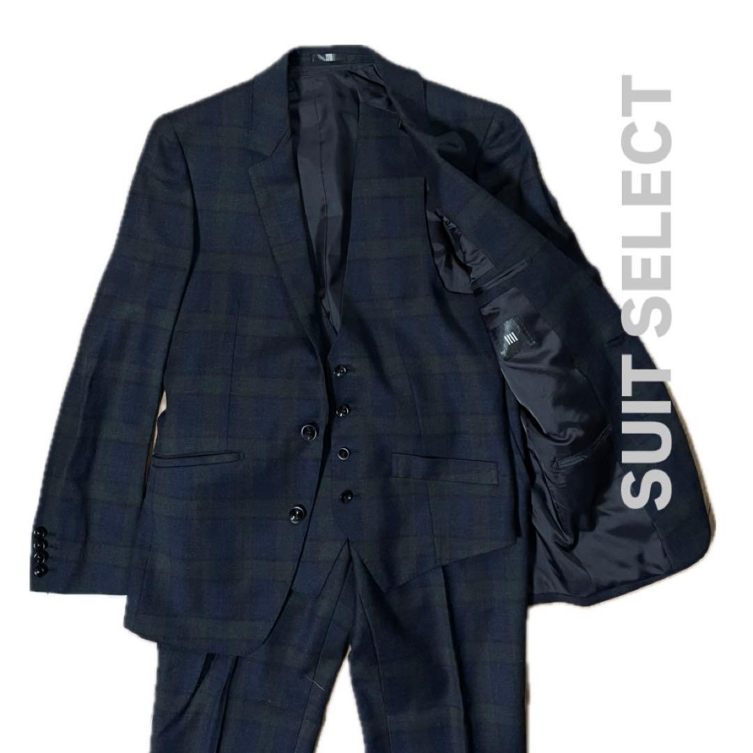 SUIT SELECT ダークネイビー チェック ビジネススーツ 3ピース