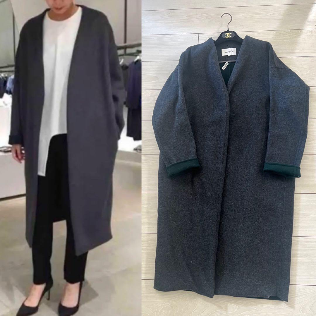 定価58000円　ENFOLエンフォルド ノーカラー ウール リバーコート