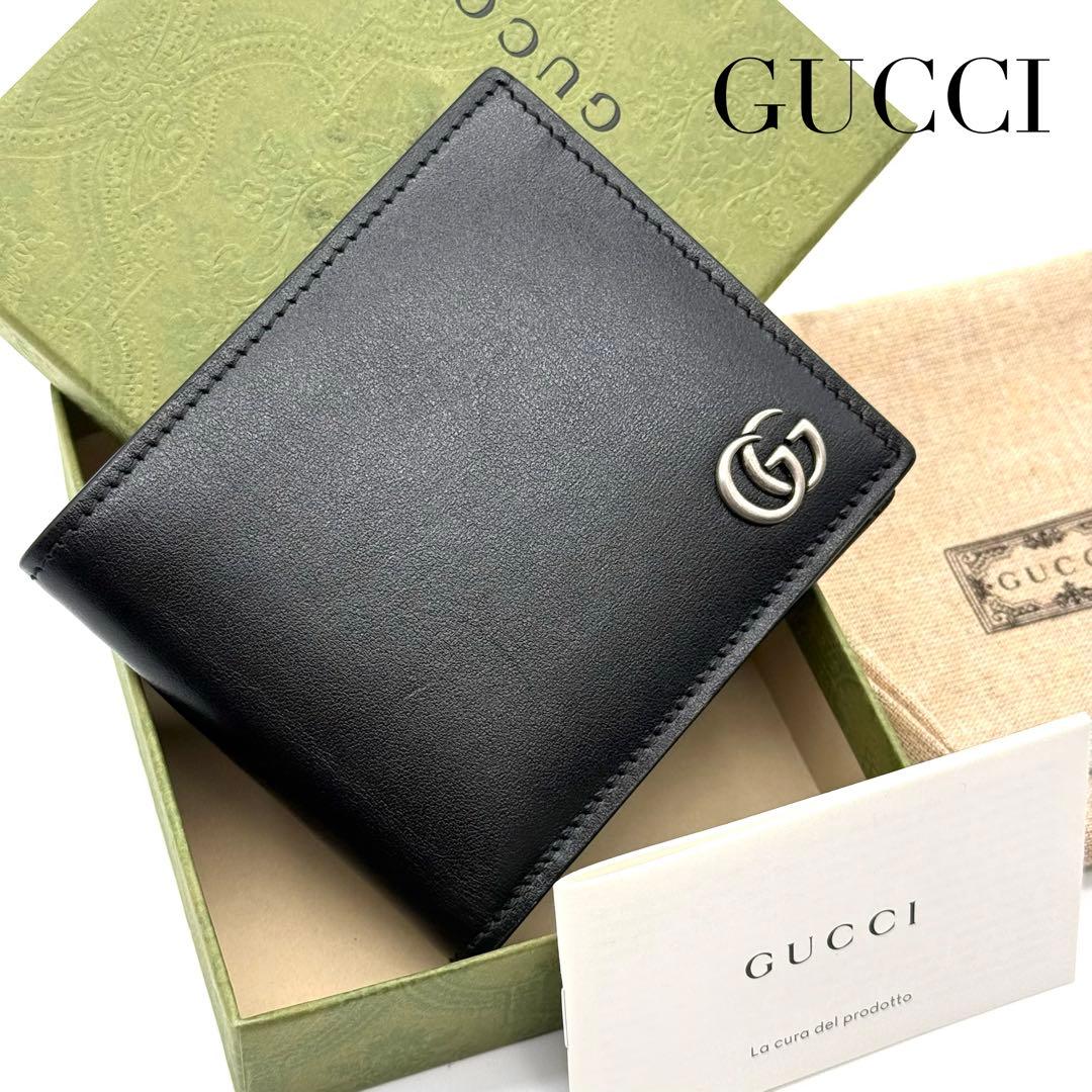 新品✨ GGマーモント レザー コンパクト ウォレット 二つ折り 財布 ブラック
