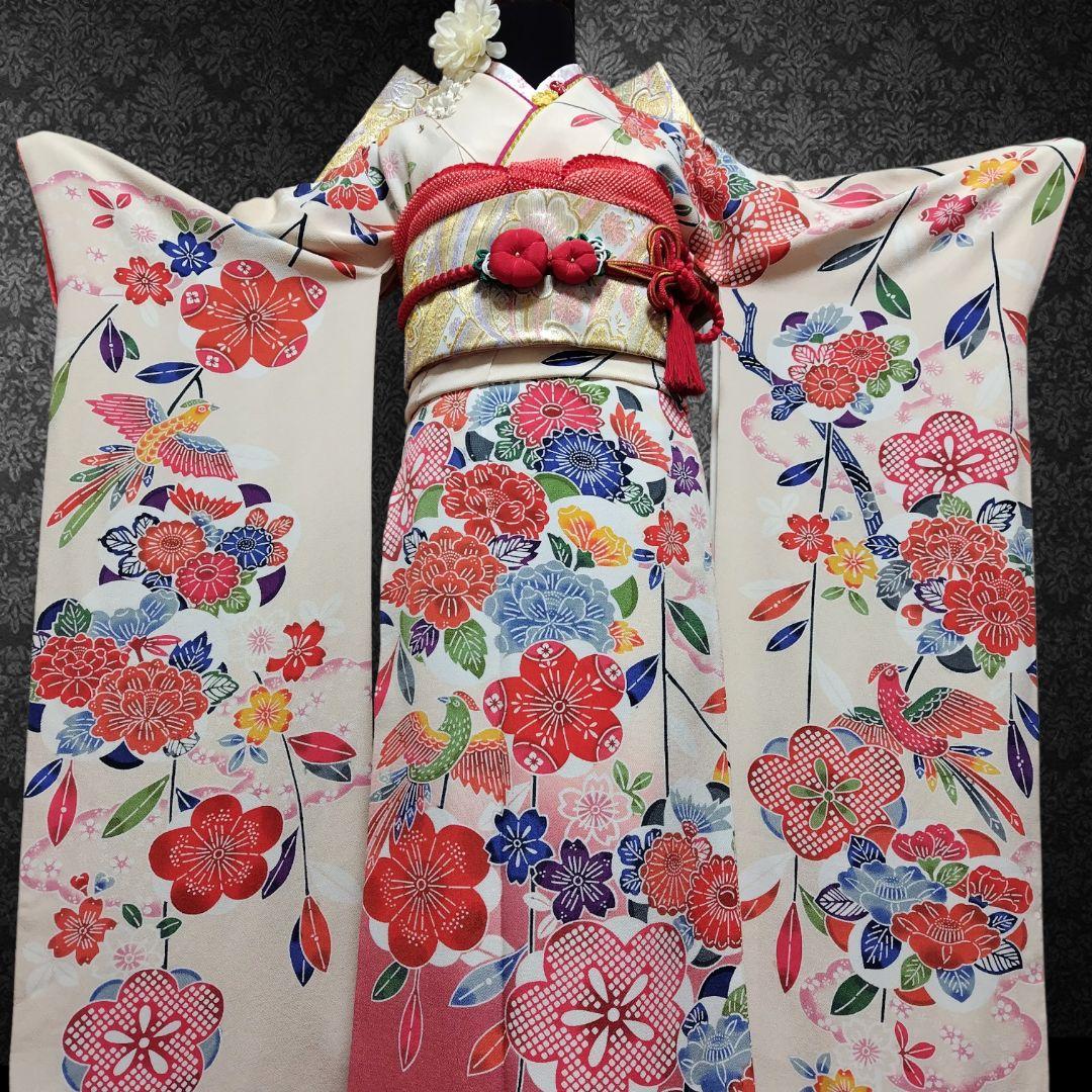 振袖フルセット(7点)・成人式・高級縮緬地・暈し染め・型染め・胴裏正絹・逸品