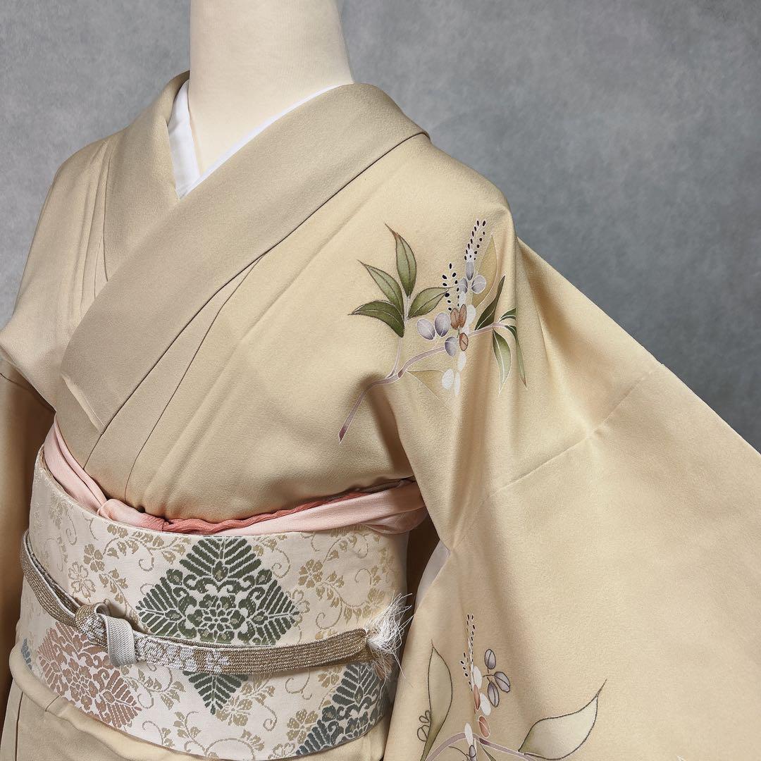 訪問着フルセット　着物　正絹　付け下げ　しつけ糸付き　手刺繍　イエロー　F8