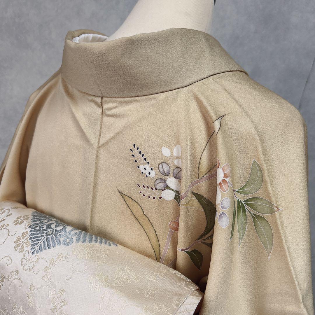 訪問着フルセット　着物　正絹　付け下げ　しつけ糸付き　手刺繍　イエロー　F8