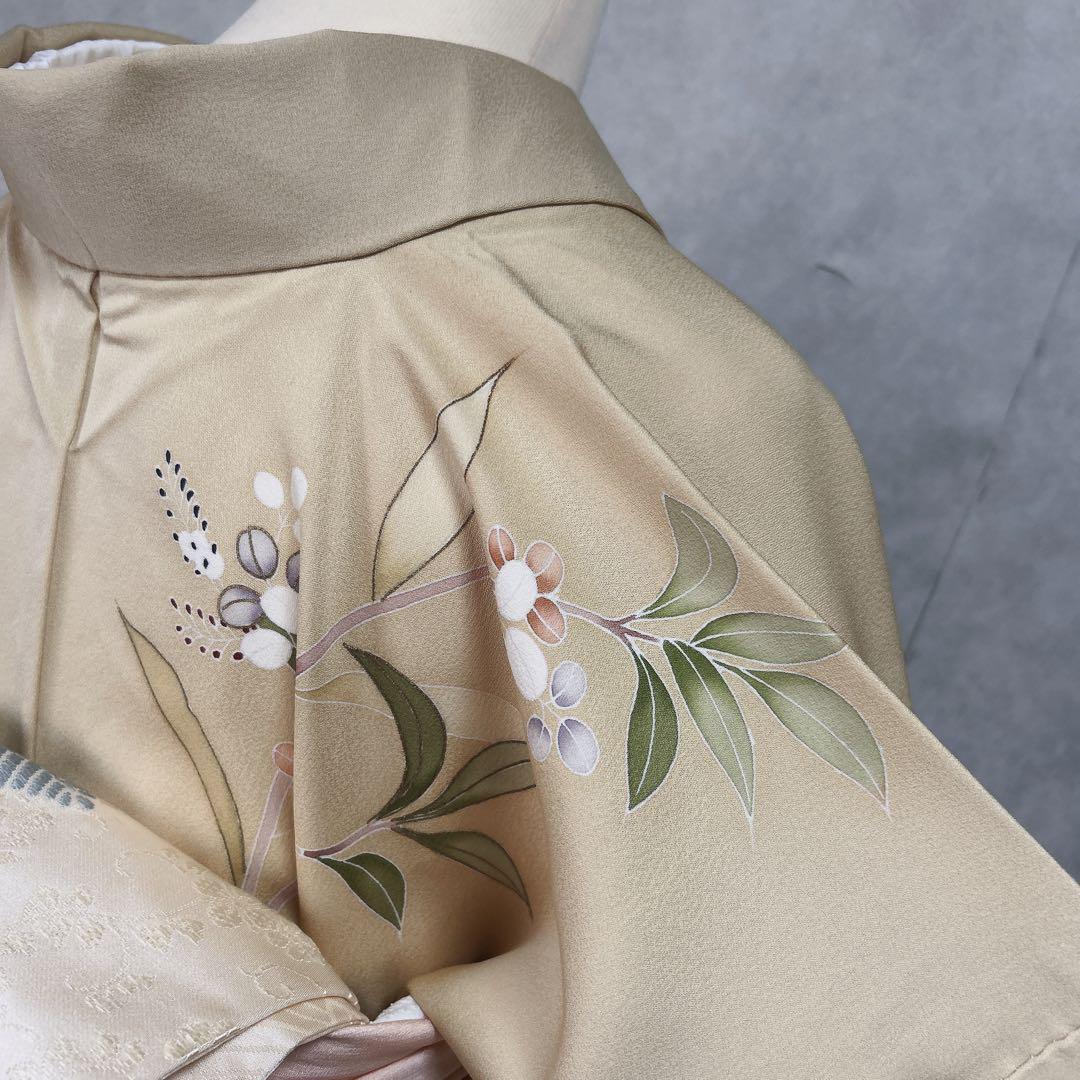 訪問着フルセット　着物　正絹　付け下げ　しつけ糸付き　手刺繍　イエロー　F8